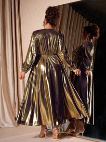 Cravure 加大码金属针织面料交叉V领灯笼袖收腰A字形派对连衣裙 - 金色 - 查看 5