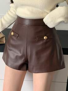 DAZY Celana Pendek Wanita PU Polos Elegan dengan Rivet dan Kantong Imitasi - Coffee Brown - View 8