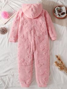 Girls' Plush Bow Jacquard Pattern Long Sleeve Hooded Jumpsuit Loungewear - Pink - View 2