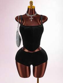 Amplova Damen sexy einfarbiges Camisole und super kurze Shorts 2 Stücke Set, Sommer - Schwarz - Übersicht 3
