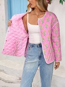 Vivid Eden Women's Floral Print Drop Shoulder Long Sleeve Single-Breasted Loose Winter Jacket - Multicolor - View 7