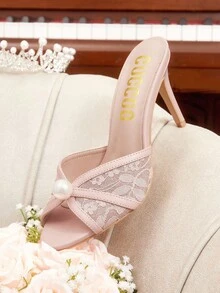 CUCCOO HITCHD Women's Round Toe Lace And Pearl High Heeled Sandals For Christmas - Baby Pink - View 2