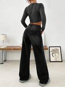 SHEIN Cottnline WOMEN WIDE LEG LOW WAIST JEANS - Dark Grey - View 2