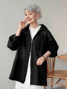 FRIFUL Women's Autumn Drop Shoulder Long Sleeve Zipper Front Casual Pocket Denim Jacket