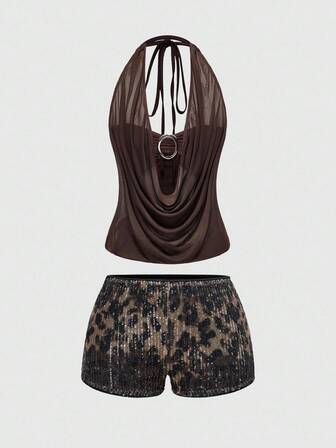 Hippie Damen Y2K Sexy Weihnachtsparty tiefer V-Ausschnitt Vintage Ausschnitt rückenfreies Streetwear trägerloses Trägershirt mit Leopard Muster Shorts (inklusive Bandeau-BH)