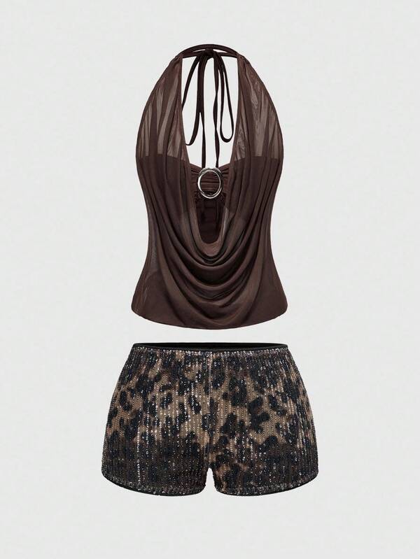 ROMWE Hippie Women's Y2K Sexy Christmas Party Deep V Vintage Plunging Neckline Backless Streetwear Strapless Tank Top With Leopard Print Shorts (Includes Bandeau Bra)