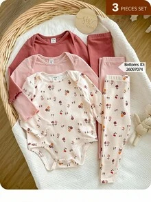 3件套新生女宝宝可爱休闲碎花弹力针织连体衣套装