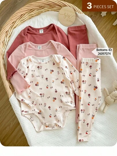 3pcs Newborn Baby Girl Cute Casual Ditsy Floral Elastic Knit Bodysuit