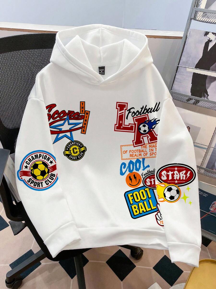 Manfinity Joysei 男士休闲简约运动足球徽章和洛杉矶字母图案连帽卫衣，适合秋冬季节穿着，卡通连帽衫，长袖上衣 - 白色 - 查看 1