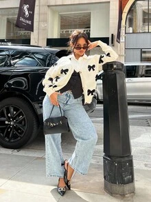 NegzBox Blusa de manga larga con botones delanteros y detalle de lazo, diseño minimalista para mujer