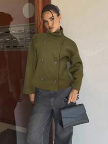 Siren Gaze 女式纯色双排扣长袖休闲大衣，秋冬 - 軍綠色 - 查看 6