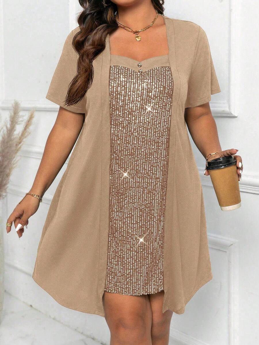 EMERY ROSE Váy chắp vá dệt kim mềm mại cỡ lớn có cổ tim, cúc hình nấm, điểm nhấn kim tuyến, tay ngắn, trang phục thường ngày/công sở, dài đến giữa bắp chân - Màu Khaki - Xem 1