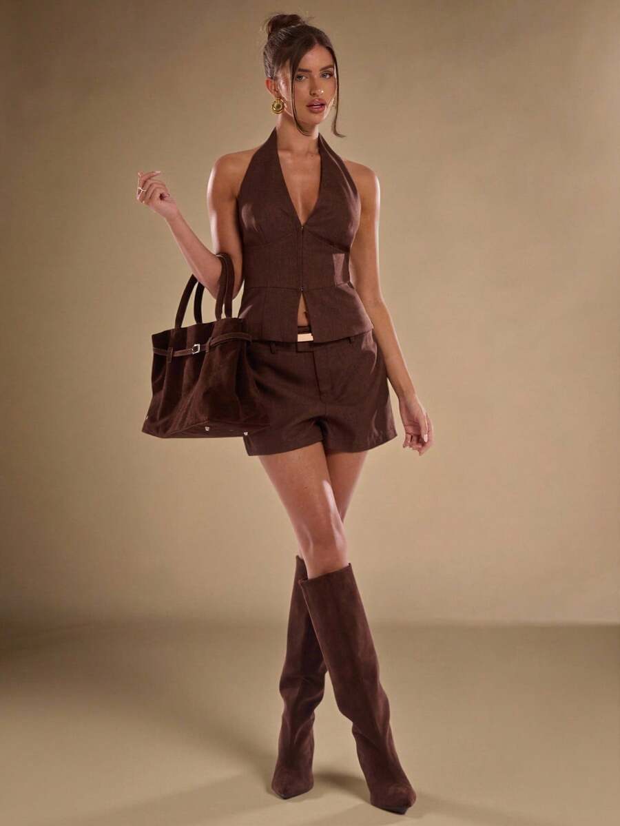 SHEIN BAE 女士时尚性感露背吊带上衣，夏季 - 咖啡棕 - 查看 1
