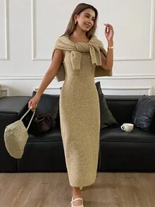DAZY Conjunto de 2 piezas de vestido maxi elegante con cuello de encaje, suéter de manga larga con cuello en V de gasa con flores y ajuste ceñido para otoño/invierno - Amarillo - Ver 1