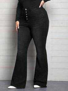 EMERY ROSE Plus Size Women Spring Elastic Waist Jeans, Multiple Button Design Skinny Flared Pants - Black - View 4