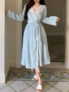 DAZY Women's Long Plush Lace Ruffle Hem Patchwork Bathrobe, Winter Fluffy, Cozy - Blue - View 4