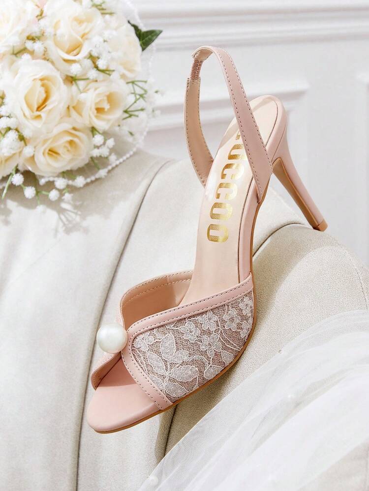 CUCCOO HITCHD Pink Pointed Toe Stiletto Heel Lace Pearl Elegant Wedding Party Women High Heel Sandals For Christmas Wedding Shoes Summer Shoes Bride Shoes