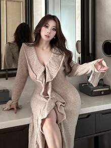 Flirla Váy dệt kim viền bèo nhún thiết kế thời trang thu đông cỡ lớn cho nữ - Màu be - Xem 4