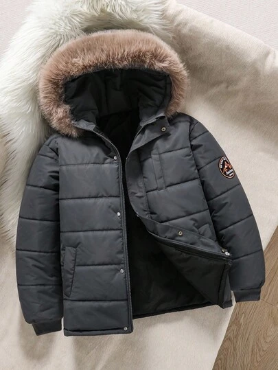Mirajuku 1 st svart termofodrad parkas med pälskrage för tonårspojkar, trendig vadderad kappa med lös passform, lämplig för höst/vinter, utomhusaktiviteter, resor, skola och olika tillfällen