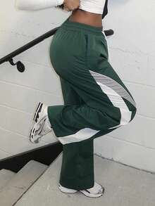 Alexandranx 女士抽绳腰口袋拼布休闲运动裤，女士春秋休闲抽绳、口袋、侧条纹自然直筒阔腿长绿色宽松裤，休闲日常穿着，返校 - 綠色 - 查看 3