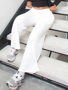 Alexandranx Bequeme und lässige schlichte gestrickte Damenhosen mit weitem Bein und niedriger Taille