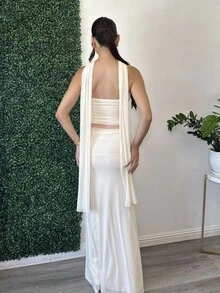 Andrea Bello 2 件套女士粉色褶皱抹胸短款上衣和低腰褶皱抽绳长裙，海滩度假装，夏季波西米亚露背连衣裙，音乐节连衣裙，伴娘 2 件套 - 杏色 - 查看 2