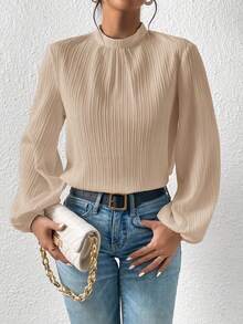 SHEIN Frenchy 高领粒面面料露背镂空女式连衣裙衬衫，秋季，女士秋冬休闲春季服装 - 杏色 - 查看 3