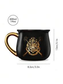 HARRY POTTER X SHEIN Tasse en céramique noire avec badge imprimé du collège (poignée dorée, ne passe pas au micro-ondes et couvercle non inclus), Poudlard, Harry Potter, cadeaux