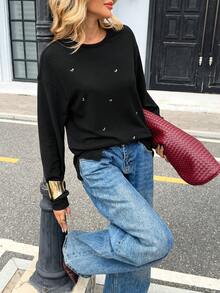 Chiquease Women's Studded & Rhinestone Embellished Sweatshirt, Basic Style For Autumn/Winter - Black - View 1