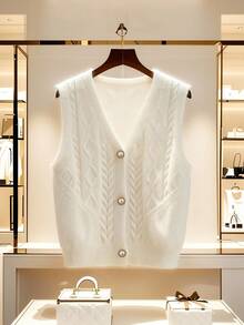 GlowEve 女士时尚百搭休闲修身毛衣背心，秋冬 - 白色 - 查看 1