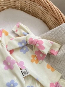 女婴波尔卡圆点图案蝴蝶结发带针织舒适柔软睡衣三件套，含长袖上衣和裤子，女婴睡衣套装