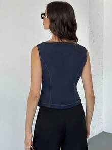 Firerie Áo nữ không tay cổ chữ V màu xanh navy, cài cúc kim loại, thắt eo, thích hợp mặc hàng ngày đi làm, trang phục mùa xuân/thu/đông, thanh lịch, công sở, thường ngày, tối giản, trang phục đi làm. - Màu xanh hải quân - Xem 7