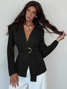 Aloruh 女士纯色束腰西装外套，适合秋冬上班穿着 - 黑色 - 查看 4
