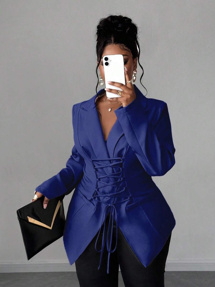 Maweii 大码女士商务通勤套装，领带设计，成熟迷人 - 藏蓝色 - 查看 1