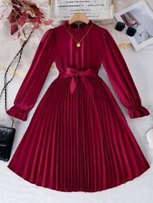 Tween Girls' Belted Dress With Ruffled Hem & Waistband Decoration,Holiday,Summer,Travel