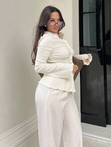 NegzBox Của phụ nữ Tay áo chuông Xếp li Áo thun - Màu be - Xem 5