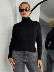 Bethéva High Neck Thermal Lined Slim Fit Long Sleeve Sweater, Warm Thermal Innerwear For Autumn/Winter Knit Pullover Fall Outfit - Black - View 5