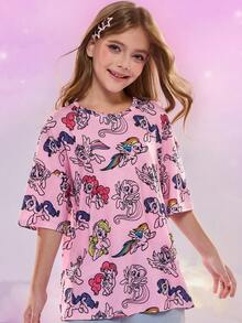My Little Pony X SHEIN Tween Girls' Cute Horse Print Round Neck Drop Shoulder T-Shirt, Summer - Multicolor - View 6
