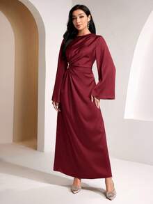 Veilorie Vestido de manga larga elegante con decoración de anillo de metal plisado de unicolor para mujer