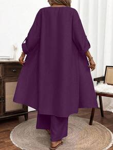 SHEIN LUNE 女士纯色卷边长袖外套和阔腿裤休闲两件套 - 紫色 - 查看 2