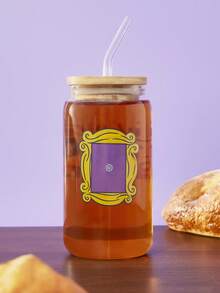 FRIENDS X SHEIN 1pc 500ml/17.6oz Glass Straw Cup With Coffee Graphic Pattern (Straw Cleaning Brush Included), Can Be Used For Cold & Hot Drinks, Coffee Cups, Milk Cups, Juice Cups, Purple Frame - Clear - View 3