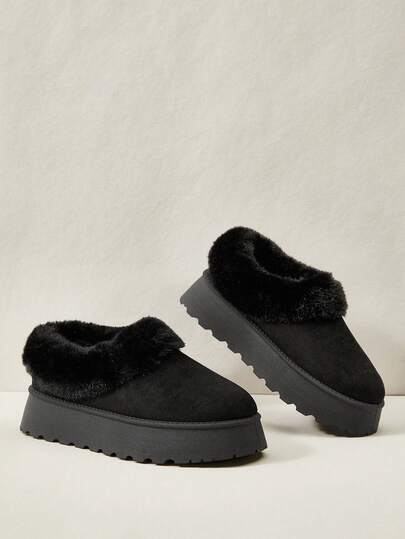 Cuccoo 女式黑色新款保暖羊毛雪地靴，厚底一脚蹬，秋冬