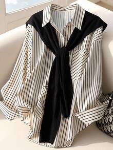 GlowEve Women's Casual Commuter Striped Shawl Collar Shirt