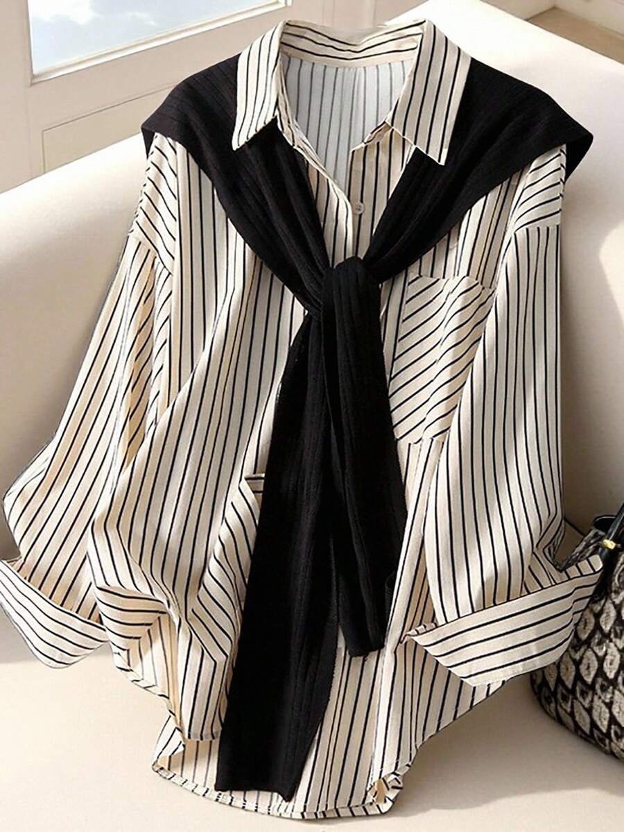 GlowEve Women's Casual Commuter Striped Shawl Collar Shirt