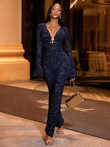 Lureya Combinaison en velours zébré à manches longues, col en V profond, boutons métalliques décoratifs, manchettes à volants sexy et moulante. Tenue élégante pour soirée