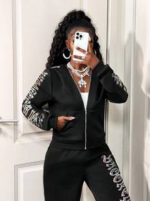 SHEIN BamGlam 女士时尚长袖连帽休闲拉链百搭字母印花卫衣 - 黑色 - 查看 6