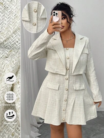 Elenzga 大码女式秋季翻领长袖夹克和露肩连衣裙优雅套装