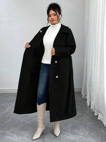 Elenzga Plus Size Women's Solid Color Tie Waist Double-Breasted Long Sleeve Elegant High-Quality Romantic Long Woolen Coat Long Coat Women Coats Winter Coat Women Coat Outerwear Women Trench Coat Women