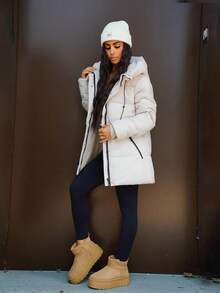 SAYEHFBABY 时尚休闲可调节腰部绗缝连帽加厚棉服外套冬季 - 米色 - 查看 1