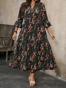 Vintage Floral Print Ruffle Sleeve Plus Size Maxi Dress, Women Spring/Summer Dress - Black - View 4